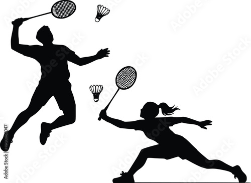 Professional Badminton Players in Action with Shuttlecock Sports Vector