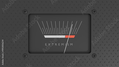 Animated extremism meter showing big levels of extremism. Dangerously increasing high values of extremism, critical overload. Too much, off the charts. Social and politics concept. 3D render