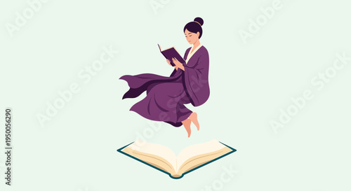 Woman Floating Above Open Book in Traditional Dress for World Book Day Concept Illustration