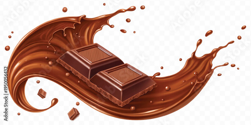 realistic 3d liquid chocolate splash with chocolate bars in curve style isolated on transparent background
