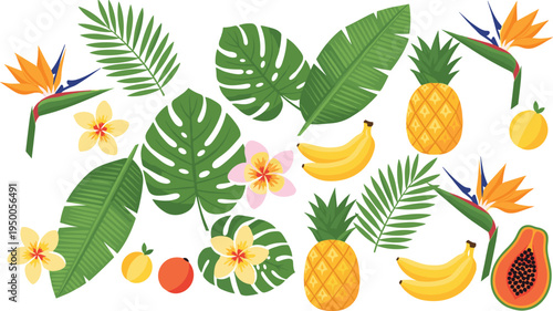 Tropical Fruit and Floral Pattern with Pineapples, Bananas, Papaya, Bird of Paradise Flowers, and Tropical Leaves, Perfect for Summer Designs and Home Décor