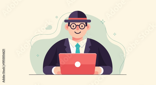 Person in hat and glasses using a laptop, with abstract background