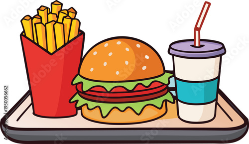 Fast food meal on a tray with burger fries and drink