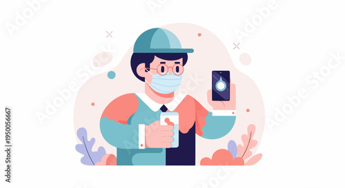 Person in mask holds hand sanitizer and phone with droplet icon