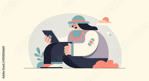Person in hat and glasses using a tablet while sitting outside