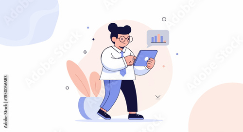 Person in office attire uses tablet with financial chart in chat bubble