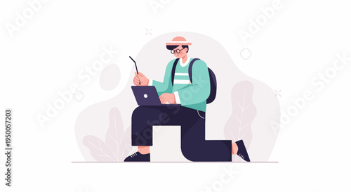 Person in casual attire kneeling while using a laptop outdoors