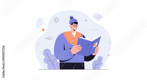 Person in hat and scarf reading a book with abstract shapes