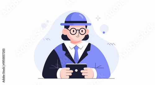 Person in suit and hat holding a tablet, with abstract shapes