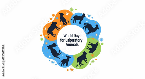 World day for laboratory animals logo with animal silhouettes in orange blue and green