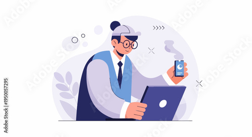 Person in cap and glasses works on laptop holding smartphone, with abstract background