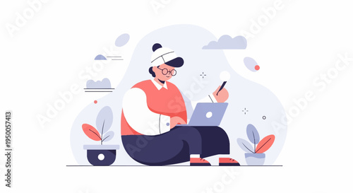 Person in hat, glasses, and vest works on laptop and holds stylus