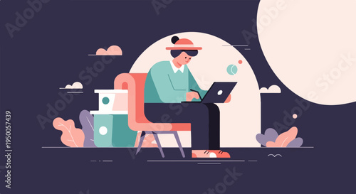 Person in hat on chair working on laptop surrounded by plants and abstract shapes