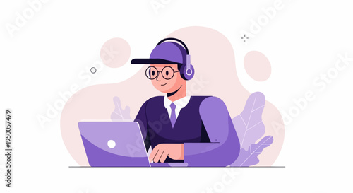 Person in cap wearing headphones, working on laptop, surrounded by abstract shapes and plants