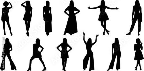 Women silhouette poses collection, fashionable female standing figures, stylish girls fashion models, lifestyle people black silhouette vector illustration