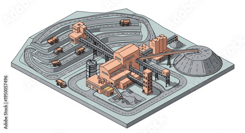 Industrial factory complex with conveyor belts and machinery.
