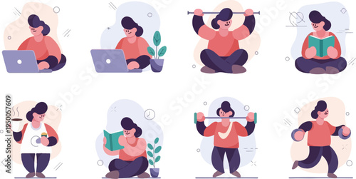 Person engaged in various activities like working on laptop, exercising, reading, and drinking coffee