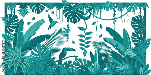 Teal illustration of lush tropical jungle foliage and plants in various shapes and sizes together