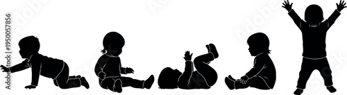 Black Silhouette Vector Illustration of Baby Developmental Milestones Including Crawling, Sitting, Lying Down, and Toddler Standing with Arms Up on White Background