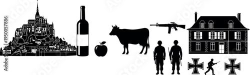 Black Silhouette Vector Set Featuring Mont Saint Michel, French Wine, Farm Animals, World War Soldiers, European Mansion, and Military Combat Icons