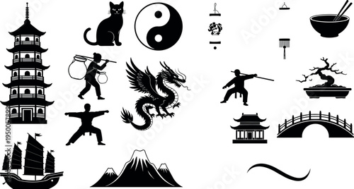 Black Silhouette Vector Set of Chinese Dragon, Pagoda Tower, Yin Yang, Martial Arts, Bonsai Tree, Junk Ship, and Asian Cultural Symbols