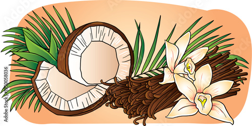 Coconut and Vanilla Pods with Tropical Leaves and Vanilla's Flowers – Exotic Flavor Ingredients vector Illustration