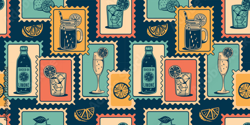 Bright seamless background with nostalgic postage stamps featuring lemonade, cocktails, and citrus slices. A vacation-themed pattern for summer designs.