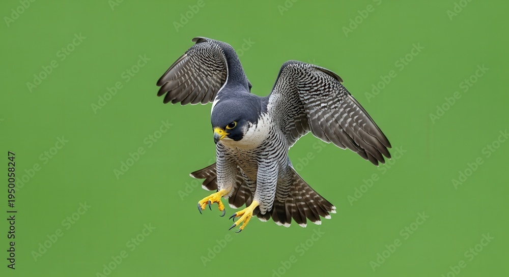 Fototapeta premium Close-up of a Peregrine Falcon in Flight with Green Background