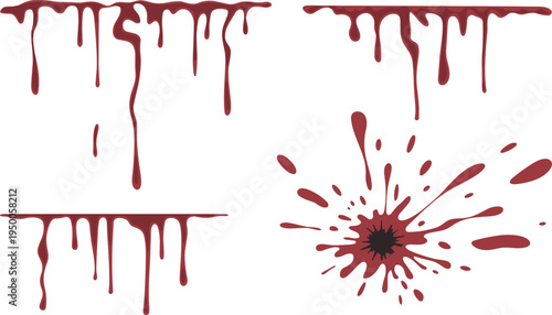 Realistic dripping blood splatter and stain collection, horror Halloween liquid drops effect isolated on white background, crime scene splash texture vector illustration