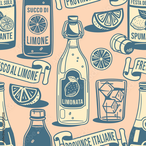 Vintage citrus lemonade seamless pattern with Italian bottles, glasses, and lemons. Perfect for summer packaging, wallpaper, and cafe branding with retro charm.