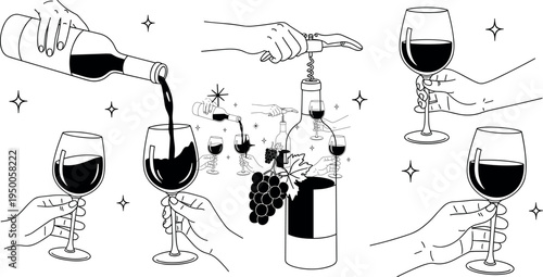 Hand Drawn Wine Element Set Featuring Pouring Bottle Opening Corkscrew Holding Glass And Grapes In Minimalist Black Line Art Illustration