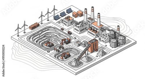 Industrial complex with mine and renewable energy sources.
