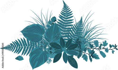 Teal colored tropical leafy foliage arrangement on white background with various plant species