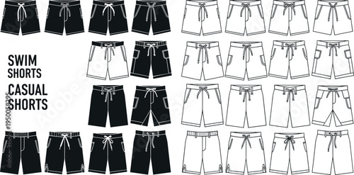 Technical Fashion Flat Sketch Set Of Men Swim Shorts And Casual Trunks Template Collection For Apparel Design And Garment Manufacturing