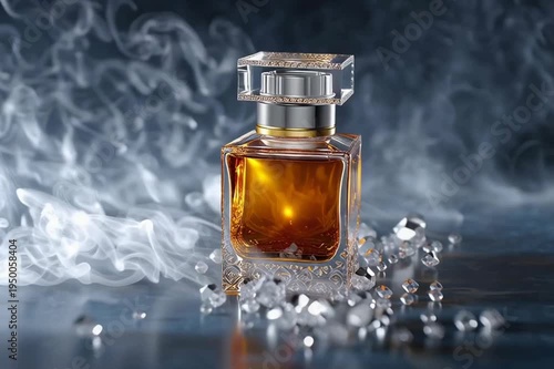 A luxurious fragrance bottle, encased in shimmering jewels and wisps of fragrant smoke. The gold-toned liquid within glows, hinting at an alluring scent.