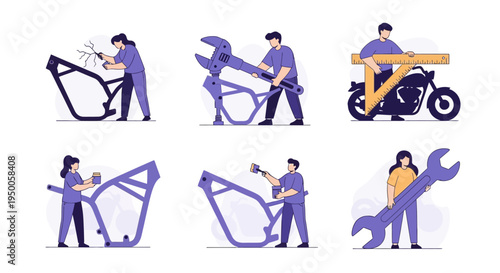 Six illustrations showing motorcycle frame fabrication painting measuring and repair