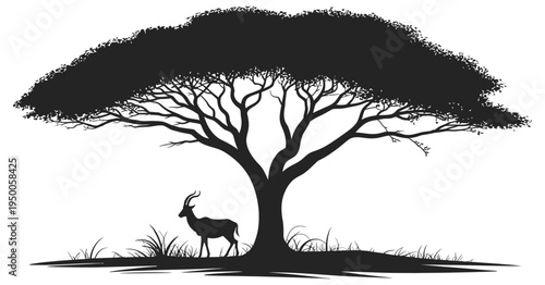 African Antelope Silhouette standing beneath large Acacia Tree, vector illustration for wildlife, savanna landscape