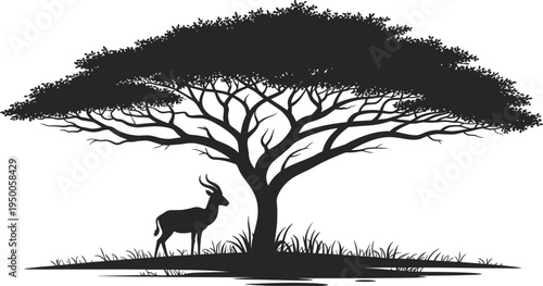 African Antelope Silhouette standing beneath large Acacia Tree, vector illustration for wildlife, savanna landscape