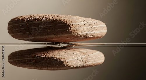 Close up of a smooth textured stone floating above a reflective surface