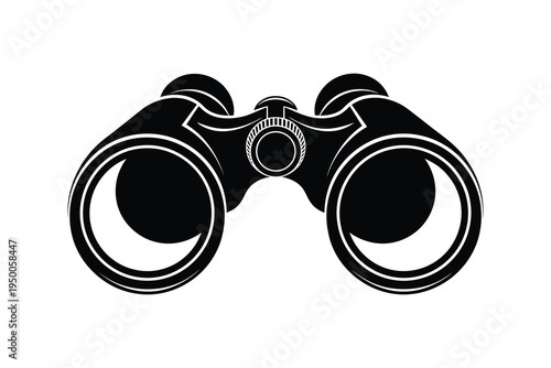 A black and white illustration of a pair of binoculars with a detailed design, isolated on a plain white background for observation and exploration.