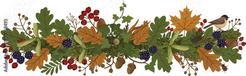 Autumn leaves and berries arrangement on a white background with natural elements and foliage display