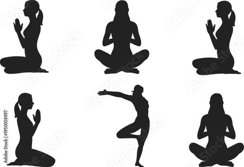 Yoga woman silhouette set meditation and fitness poses female yoga practice lotus prayer balance exercise vector illustration collection