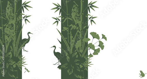 Illustration of cranes standing on bamboo trees with lush green leaves and stems