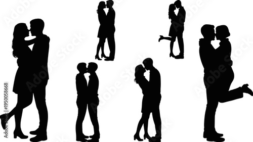 Romantic kissing couple silhouettes collection, lovers hugging and kissing poses, man woman love relationship black silhouette vector illustration
