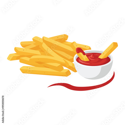 A pile of crispy golden french fries served with a small bowl of fresh red tomato ketchup dip