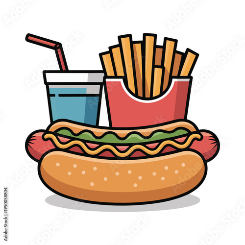 A colorful vector illustration of a classic fast food meal with a hot dog fries and a cold drink