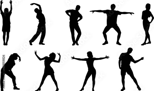 Collection of dancing people silhouettes, male and female dance poses set, energetic movement, party dancers, fitness activity, black silhouette vector illustration