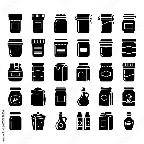 Grocery and Pantry Item Container Icons in a Solid Glyph Style