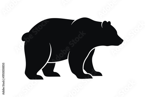 Black silhouette of a walking grizzly bear on a white background, illustration of a powerful animal in profile view.