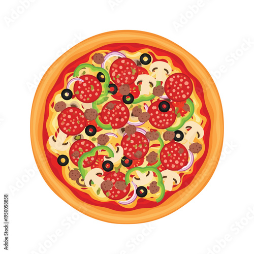 A top down view of a delicious round pizza topped with pepperoni slices and fresh vegetables
